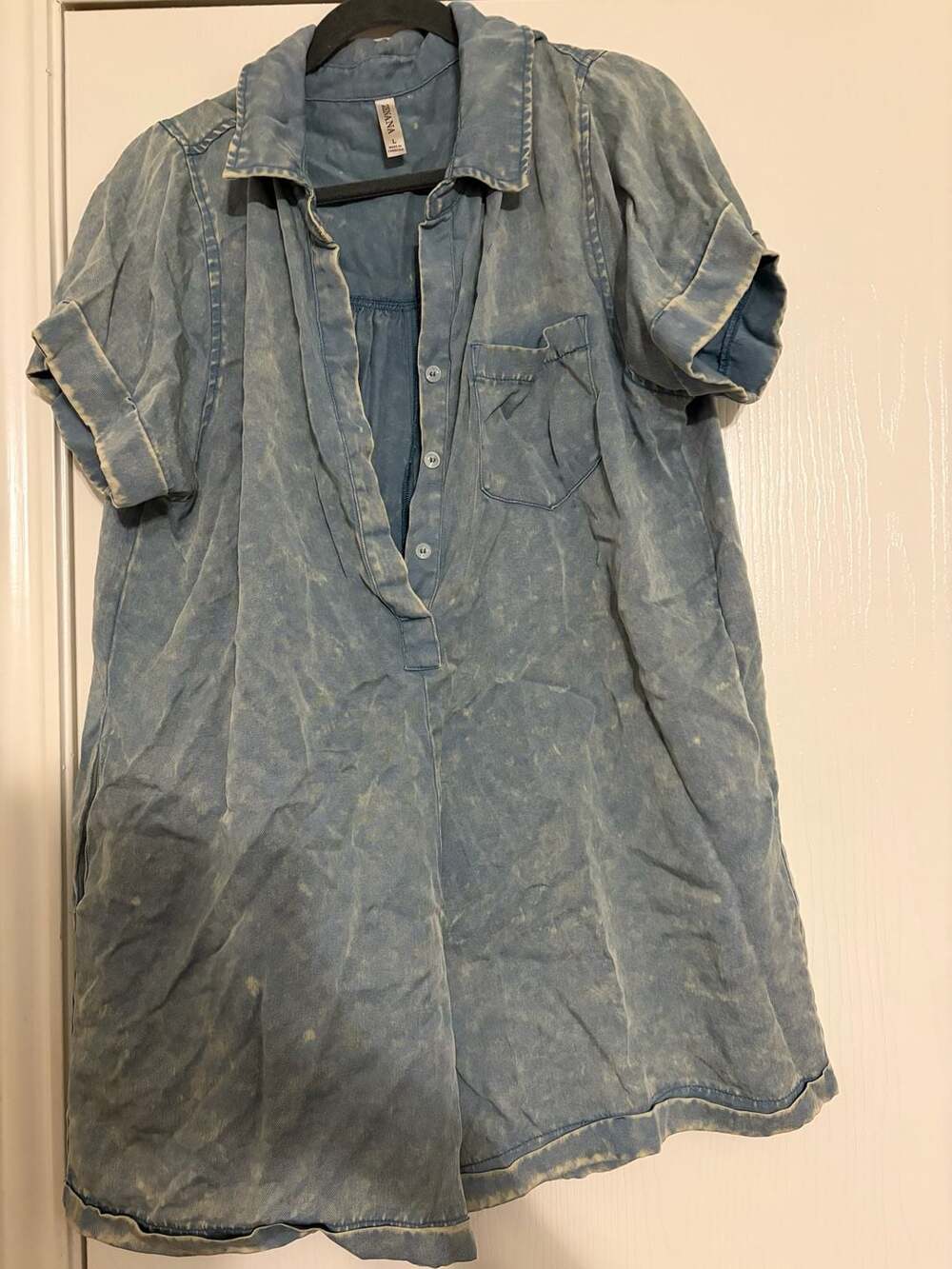 Zenana Romper Size L Blue Acid Wash Denim Collared Button Up